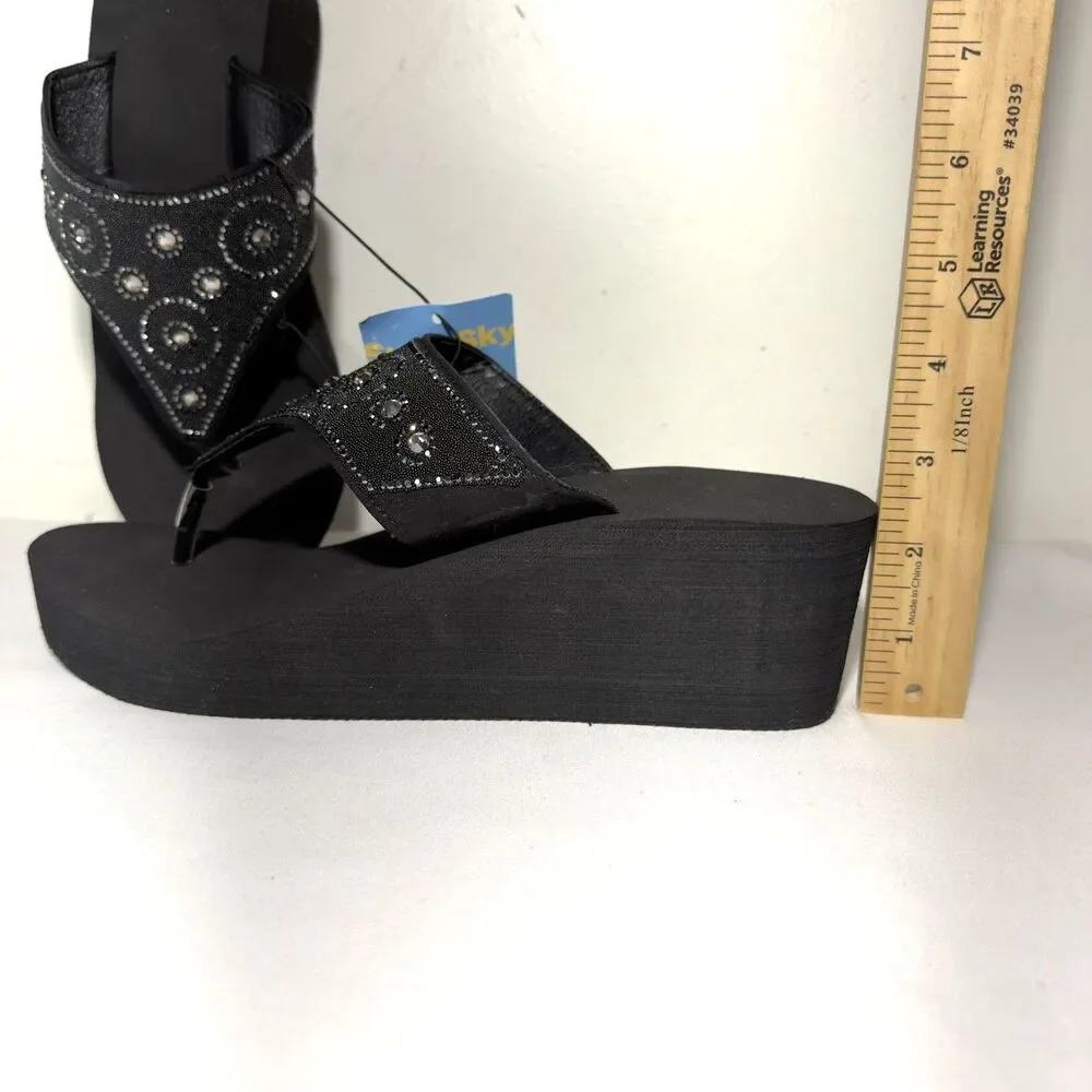 Sun & Sky Women’s Rhinestone Beaded Slip-On Wedge Platform Sandals Black 9-10